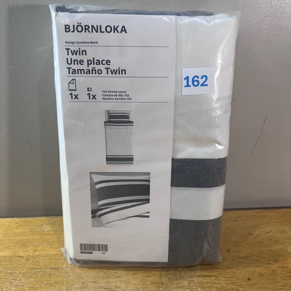 IKEA BJÖRNLOKA Duvet Cover Set Twin White Gray Striped Cotton 2pc Synnöve Mork